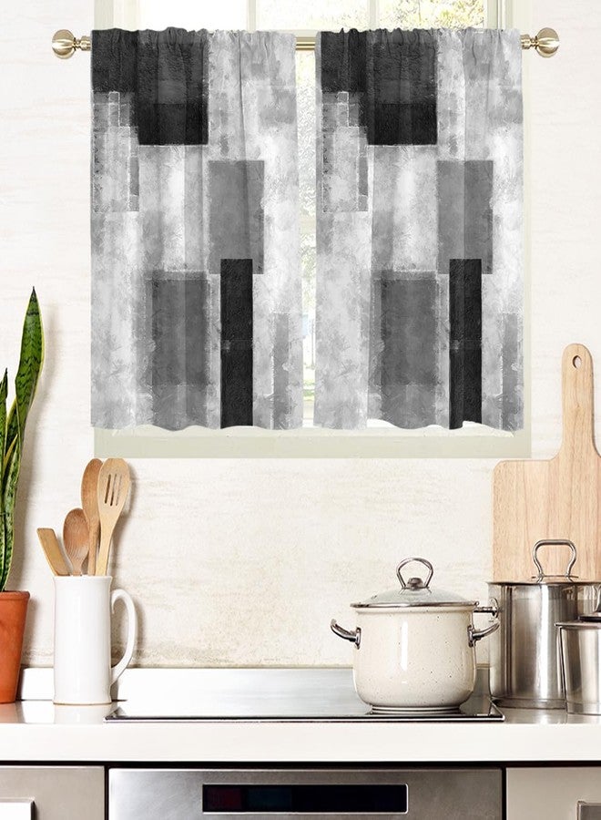 AAtter Black Grey and White Window Curtains for Kitchen Gray Art Abstract Aesthetic Small Short Home Living Room Bedroom Bathroom Drapes Treatment Tiers Fabric 1 Pair, 27.5" W x 36" L, Modern - Image 1
